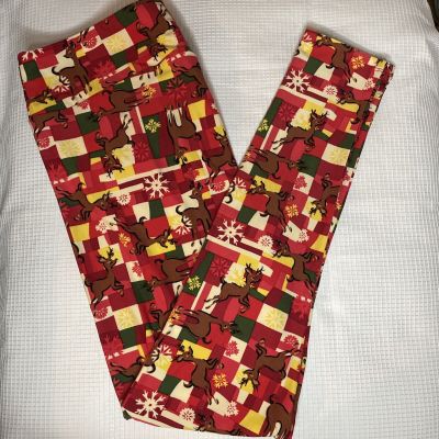 New Womans LuLaRoe Red Green Yellow Reindeer Snowflake Pattern Leggings TC